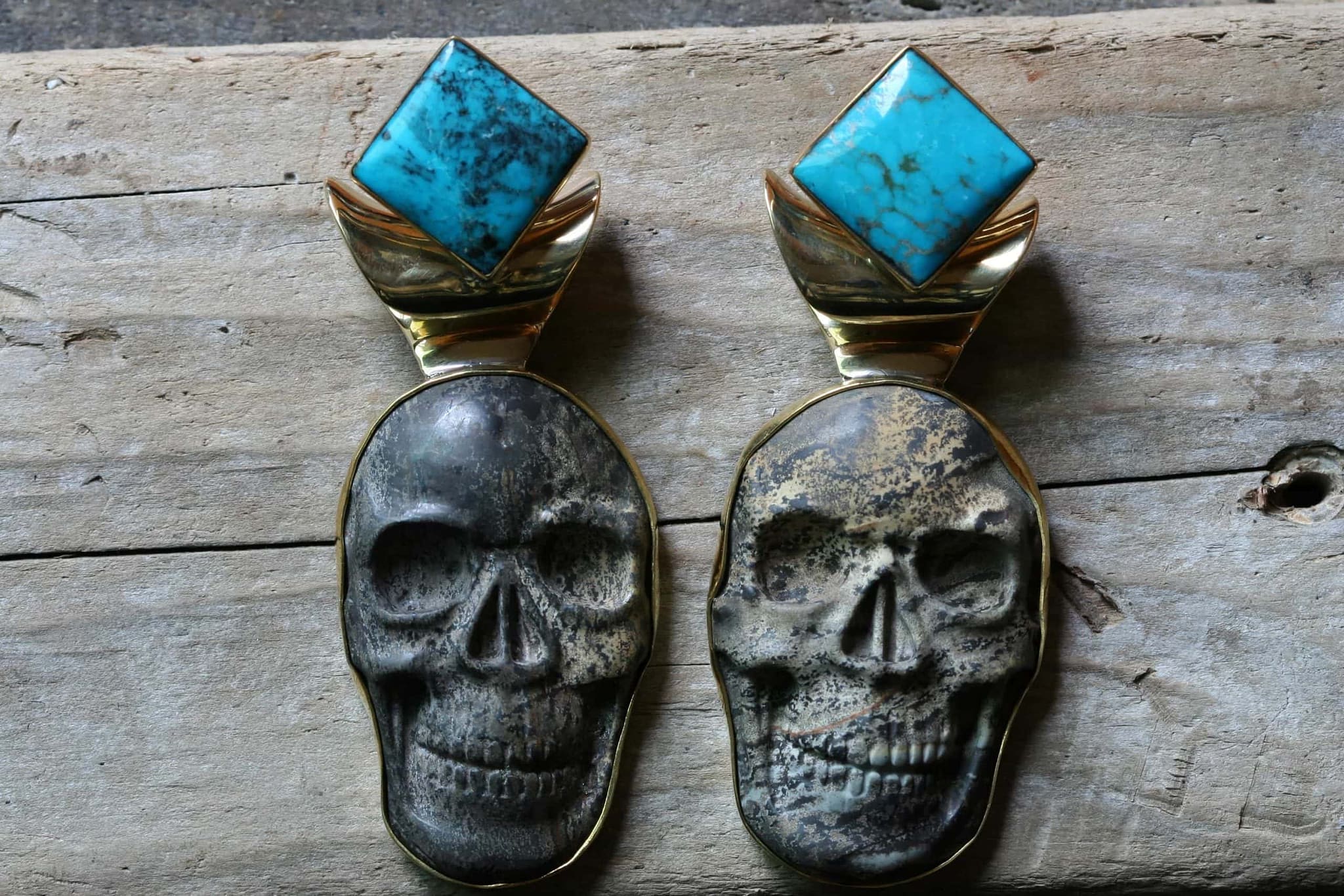 Dendritic Jasper Skull with Turquoise Diamond Dangle by Diablo Organics - Laughing Buddha Studios SoCal